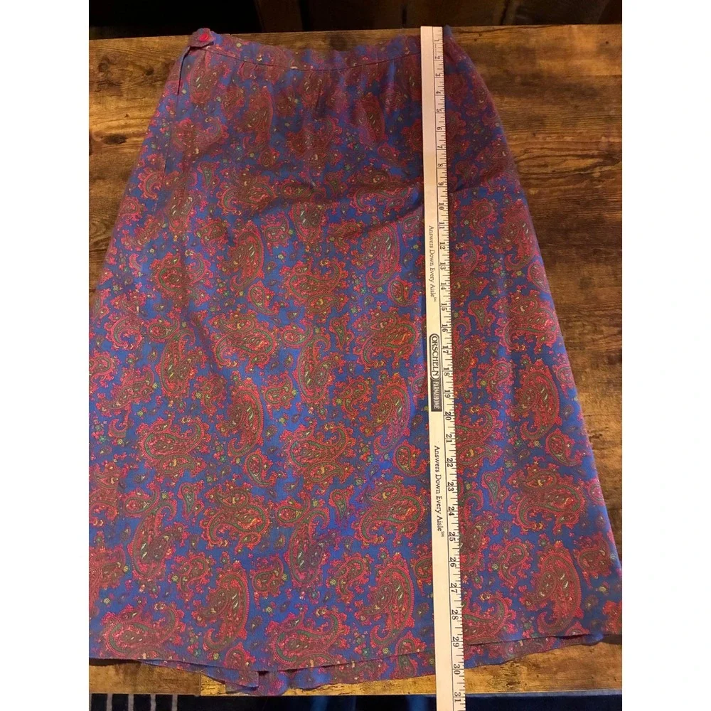 Vintage Paisley Midi Skirt Womens 29 Waist Blue Red Excellent A-Line Boho Retro